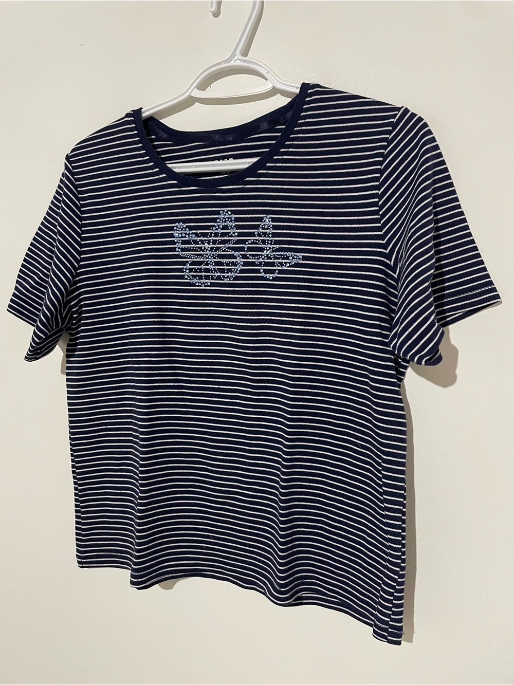 Alia Navy and White Striped Short Sleeve Tee with Beaded Floral Accent